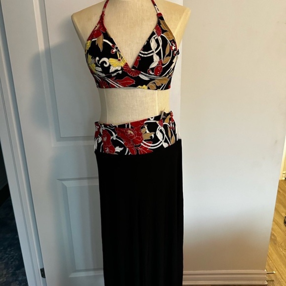 Floral Halter Bikini Top and Black Pant Set